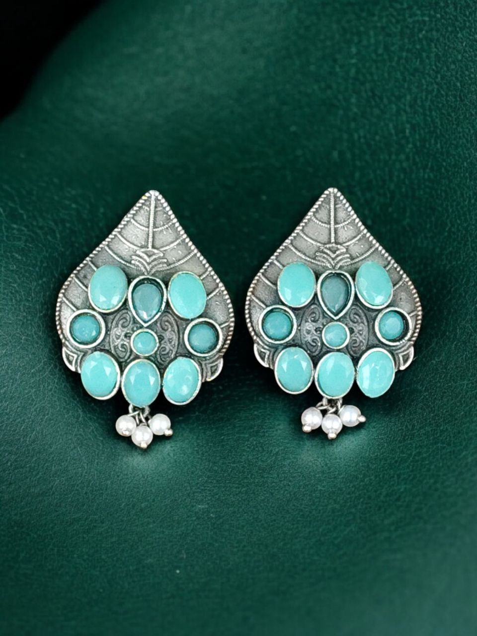 Traditional Leaf Design Earrings | Silver Replica Stone & Pearl Work Best Oxidized Jewelry 4 Traditional leaf design oxidized silver replica earrings with stone and pearl work