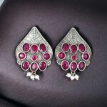 Traditional Leaf Design Earrings | Silver Replica Stone & Pearl Work Best Oxidized Jewelry - "Red"