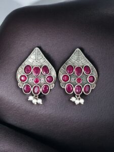 Traditional Leaf Design Earrings | Silver Replica Stone & Pearl Work Best Oxidized Jewelry — "Red"