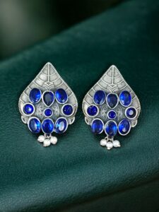 Traditional Leaf Design Earrings | Silver Replica Stone & Pearl Work Best Oxidized Jewelry — "Blue"