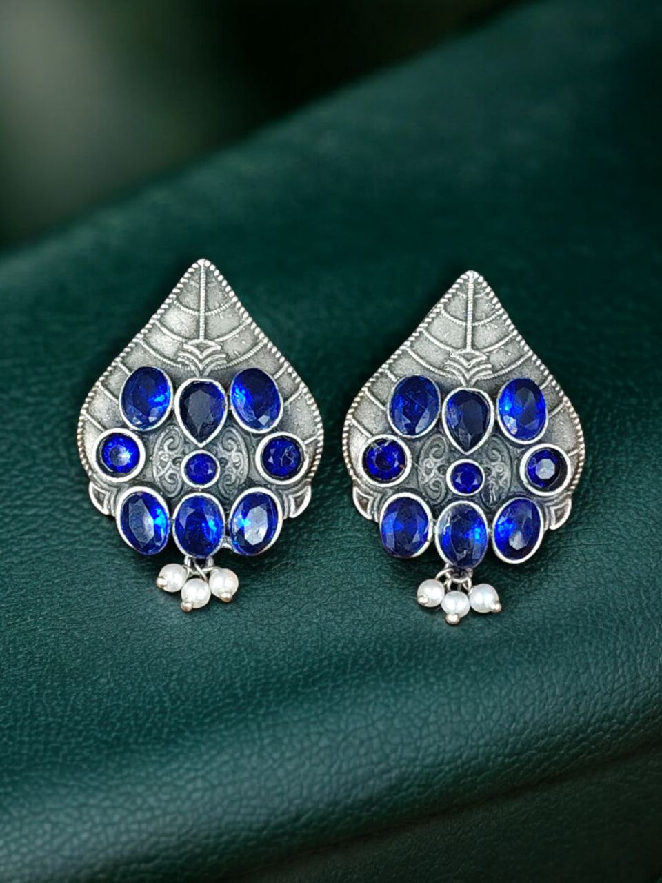 Traditional Leaf Design Earrings | Silver Replica Stone & Pearl Work Best Oxidized Jewelry 6 Traditional leaf design oxidized silver replica earrings with stone and pearl work