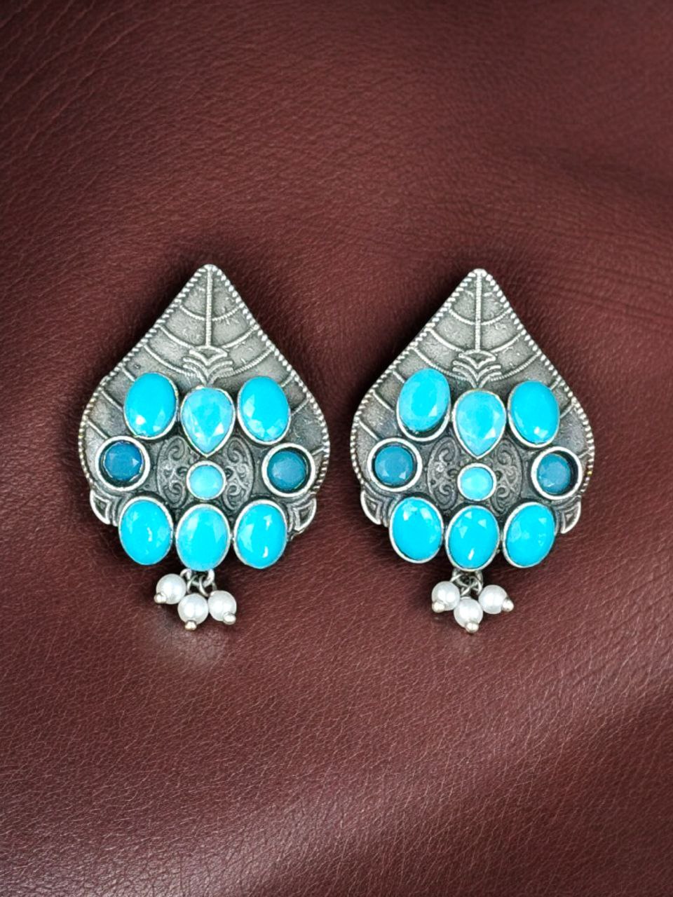 Traditional Leaf Design Earrings | Silver Replica Stone & Pearl Work Best Oxidized Jewelry 1 Traditional leaf design earrings oxidized silver replica with stone and pearl work