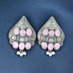 Traditional Leaf Design Earrings | Silver Replica Stone & Pearl Work Best Oxidized Jewelry - "Baby Pink"