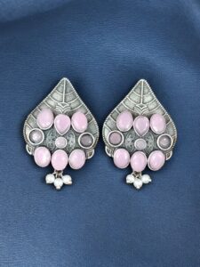 Traditional Leaf Design Earrings | Silver Replica Stone & Pearl Work Best Oxidized Jewelry — "Baby Pink"