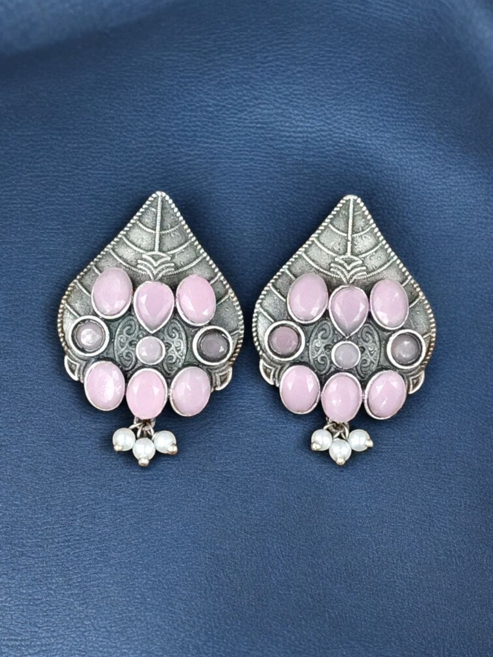 Traditional Leaf Design Earrings | Silver Replica Stone & Pearl Work Best Oxidized Jewelry 7 Traditional leaf design oxidized silver replica earrings with stone and pearl work