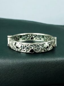 Traditional Flower Design Bangle | Stone Work Silver Replica Beautiful Openable Kada — "Black"