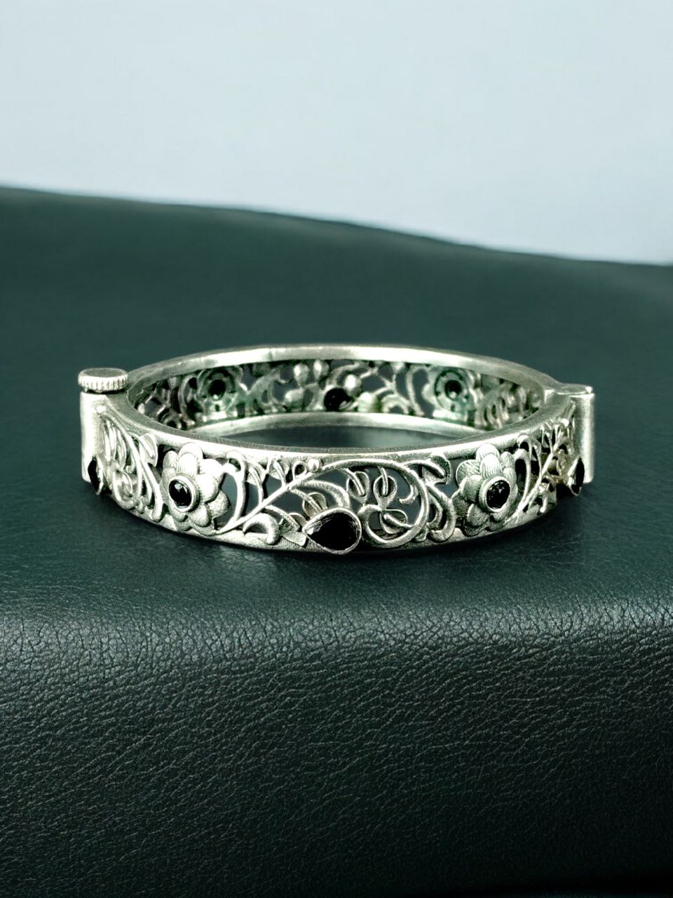 Traditional Flower Design Bangle | Stone Work Silver Replica Beautiful Openable Kada 4 Traditional flower design silver replica openable bangle with stone work