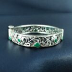 Traditional Flower Design Bangle | Stone Work Silver Replica Beautiful Openable Kada - "Green"
