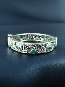 Traditional Flower Design Bangle | Stone Work Silver Replica Beautiful Openable Kada — "Green"