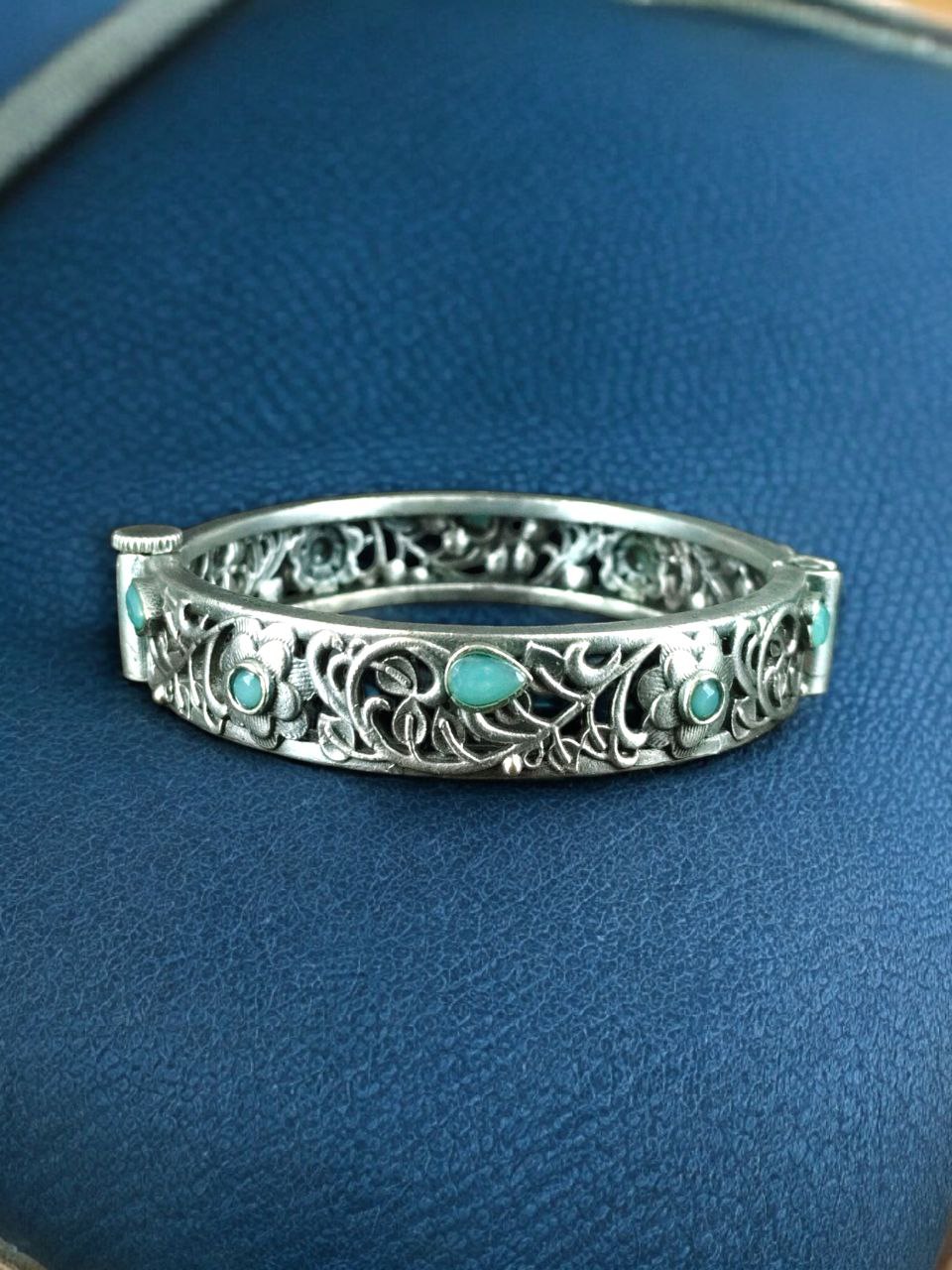 Traditional Flower Design Bangle | Stone Work Silver Replica Beautiful Openable Kada 8 Traditional flower design silver replica openable bangle with stone work