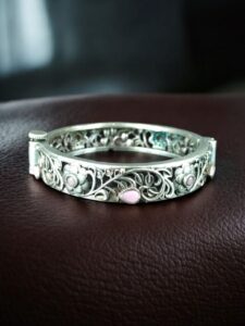 Traditional Flower Design Bangle | Stone Work Silver Replica Beautiful Openable Kada — "Baby Pink"