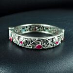 Traditional Flower Design Bangle | Stone Work Silver Replica Beautiful Openable Kada - "Red"