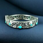 Traditional Flower Design Bangle | Stone Work Silver Replica Beautiful Openable Kada - "Aqua"