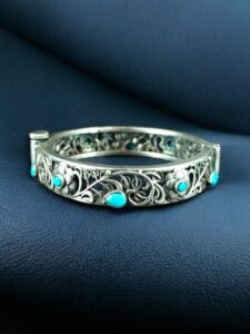 Traditional Flower Design Bangle | Stone Work Silver Replica Beautiful Openable Kada — "Aqua"