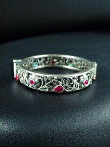 Traditional Flower Design Bangle | Stone Work Silver Replica Beautiful Openable Kada — "Red"