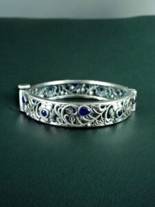 Traditional Flower Design Bangle | Stone Work Silver Replica Beautiful Openable Kada — "Blue"
