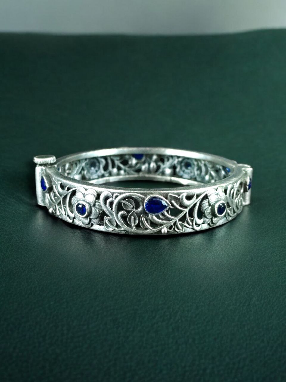 Traditional Flower Design Bangle | Stone Work Silver Replica Beautiful Openable Kada 10 Traditional flower design silver replica openable bangle with stone work