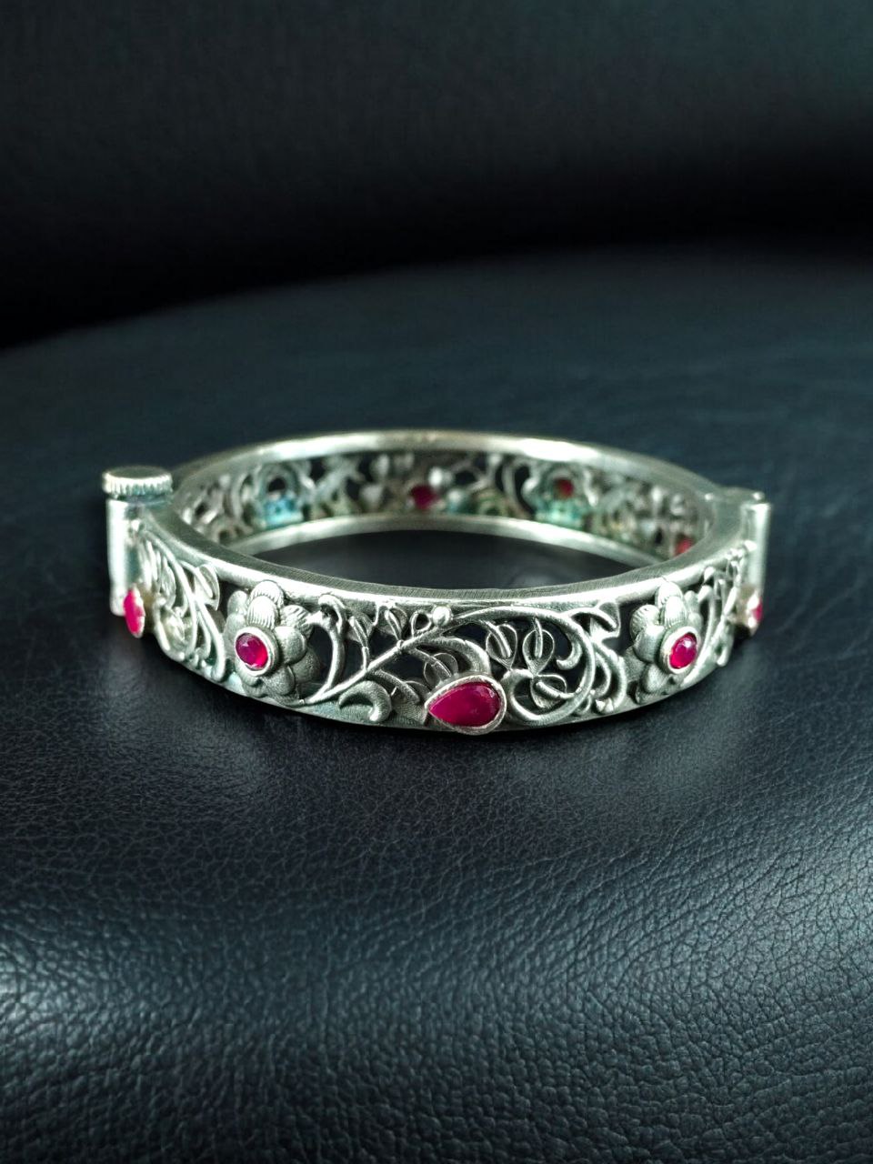 Traditional Flower Design Bangle | Stone Work Silver Replica Beautiful Openable Kada 9 Traditional flower design silver replica openable bangle with stone work