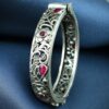 Traditional Flower Design Bangle | Stone Work Silver Replica Beautiful Openable Kada 13 Traditional flower design silver replica openable bangle with stone work