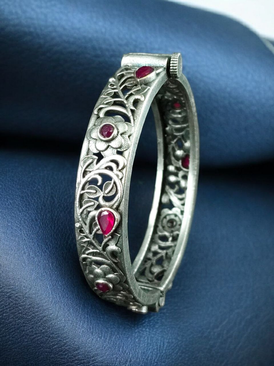 Traditional Flower Design Bangle | Stone Work Silver Replica Beautiful Openable Kada 3 Traditional flower design silver replica openable bangle with stone work