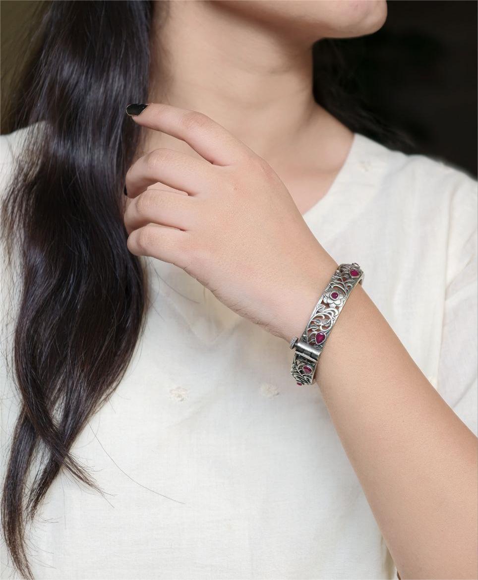 Traditional Flower Design Bangle | Stone Work Silver Replica Beautiful Openable Kada 1 Traditional flower design bangle silver replica openable with stone work