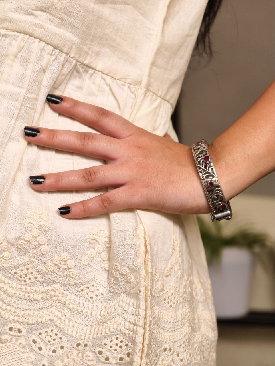 Traditional Flower Design Bangle | Stone Work Silver Replica Beautiful Openable Kada 2 Traditional flower design silver replica openable bangle with stone work