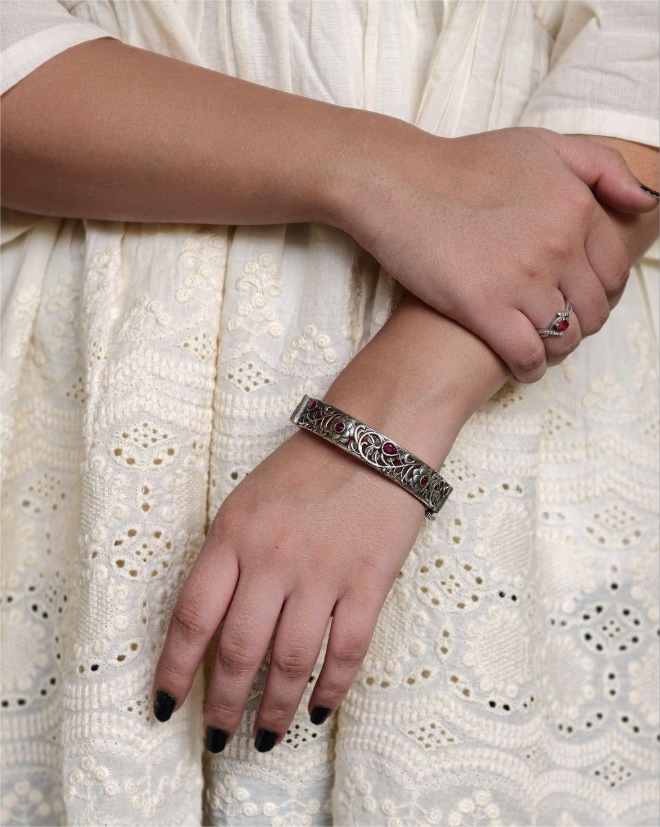 Traditional Flower Design Bangle | Stone Work Silver Replica Beautiful Openable Kada 7 Traditional flower design silver replica openable bangle with stone work
