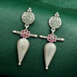 Traditional Oxidized Dangler Earrings | Unique Design Stone Work Silver Replica Jewelry - "Red"