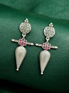 Traditional Oxidized Dangler Earrings | Unique Design Stone Work Silver Replica Jewelry — "Red"