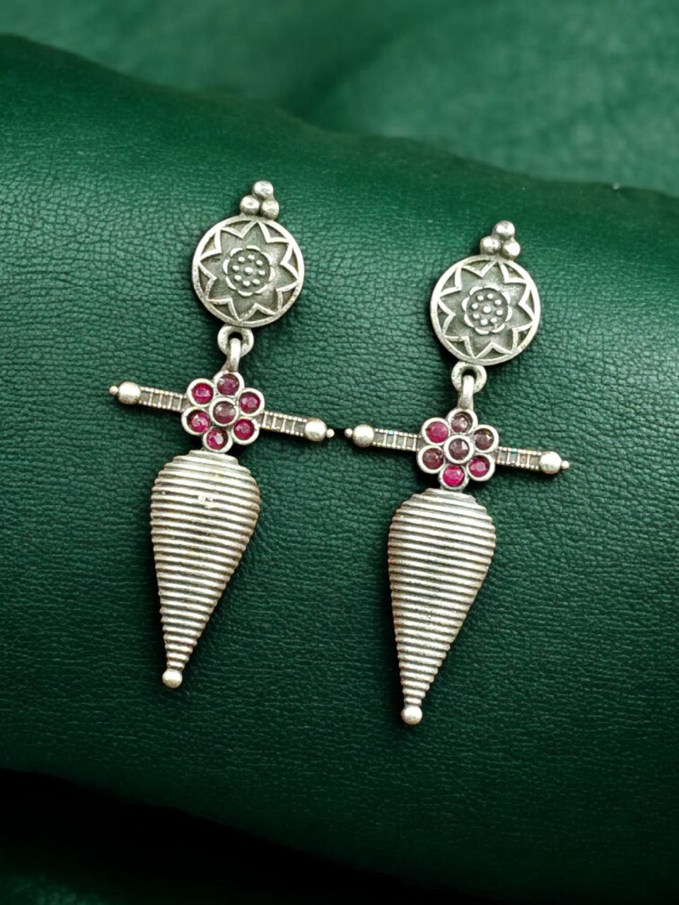 Traditional Oxidized Dangler Earrings | Unique Design Stone Work Silver Replica Jewelry 4 Traditional oxidized silver replica dangler earrings with stone work