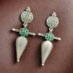 Traditional Oxidized Dangler Earrings | Unique Design Stone Work Silver Replica Jewelry - "Green"