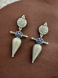 Traditional Oxidized Dangler Earrings | Unique Design Stone Work Silver Replica Jewelry — "Blue"