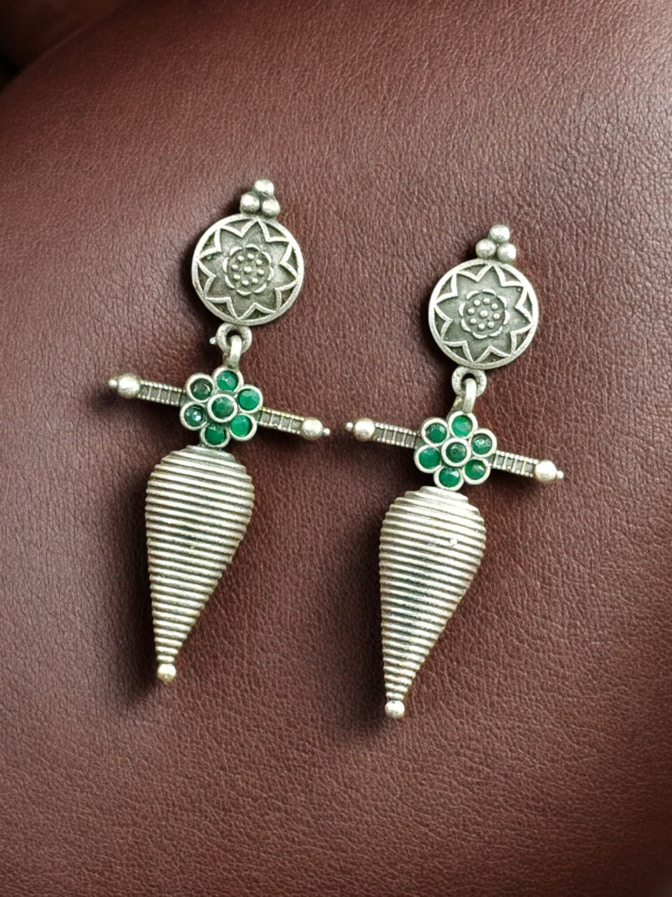 Traditional Oxidized Dangler Earrings | Unique Design Stone Work Silver Replica Jewelry 5 Traditional oxidized silver replica dangler earrings with stone work