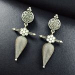 Traditional Oxidized Dangler Earrings | Unique Design Stone Work Silver Replica Jewelry - "White"