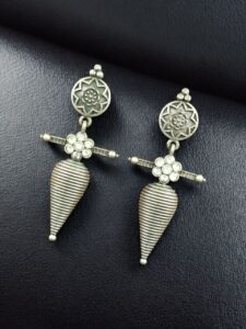 Traditional Oxidized Dangler Earrings | Unique Design Stone Work Silver Replica Jewelry — "White"
