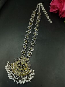 Silver Replica Oxidized Necklace | Elegant Stone & Pearl Work Perfect Look Jewelry — "Yellow"