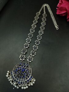 Silver Replica Oxidized Necklace | Elegant Stone & Pearl Work Perfect Look Jewelry — "Blue"