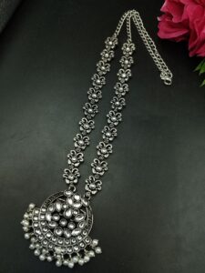 Silver Replica Oxidized Necklace | Elegant Stone & Pearl Work Perfect Look Jewelry — "White"