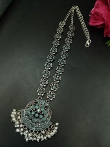 Silver Replica Oxidized Necklace | Elegant Stone & Pearl Work Perfect Look Jewelry — "Mint"