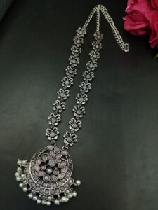 Silver Replica Oxidized Necklace | Elegant Stone & Pearl Work Perfect Look Jewelry — "Baby Pink"
