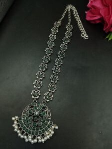 Silver Replica Oxidized Necklace | Elegant Stone & Pearl Work Perfect Look Jewelry — "Green"