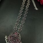 Silver Replica Oxidized Necklace | Elegant Stone & Pearl Work Perfect Look Jewelry - "Red"