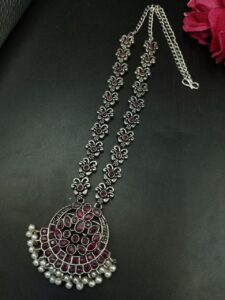 Silver Replica Oxidized Necklace | Elegant Stone & Pearl Work Perfect Look Jewelry — "Red"