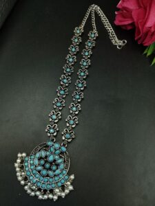 Silver Replica Oxidized Necklace | Elegant Stone & Pearl Work Perfect Look Jewelry — "Aqua"