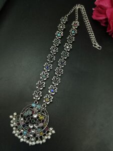 Silver Replica Oxidized Necklace | Elegant Stone & Pearl Work Perfect Look Jewelry — "Multi"
