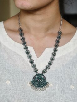 Silver replica oxidized necklace with stone and pearl work