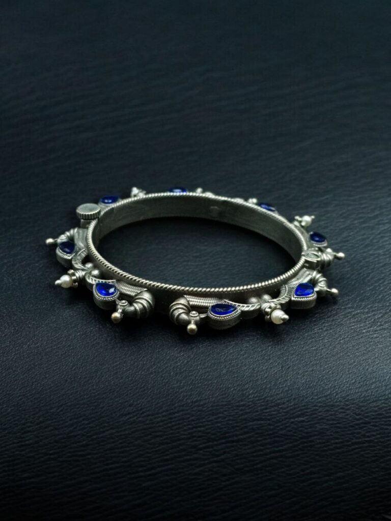 Oxidized Silver Replica Peacock Design Bangle | Stone & Pearl Work Beautiful Openable Kada
