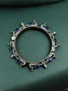 Oxidized Silver Replica Peacock Design Bangle | Stone & Pearl Work Beautiful Openable Kada — "Blue"