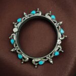 Oxidized Silver Replica Peacock Design Bangle | Stone & Pearl Work Beautiful Openable Kada - "Aqua"