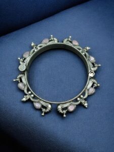 Oxidized Silver Replica Peacock Design Bangle | Stone & Pearl Work Beautiful Openable Kada — "Baby Pink"